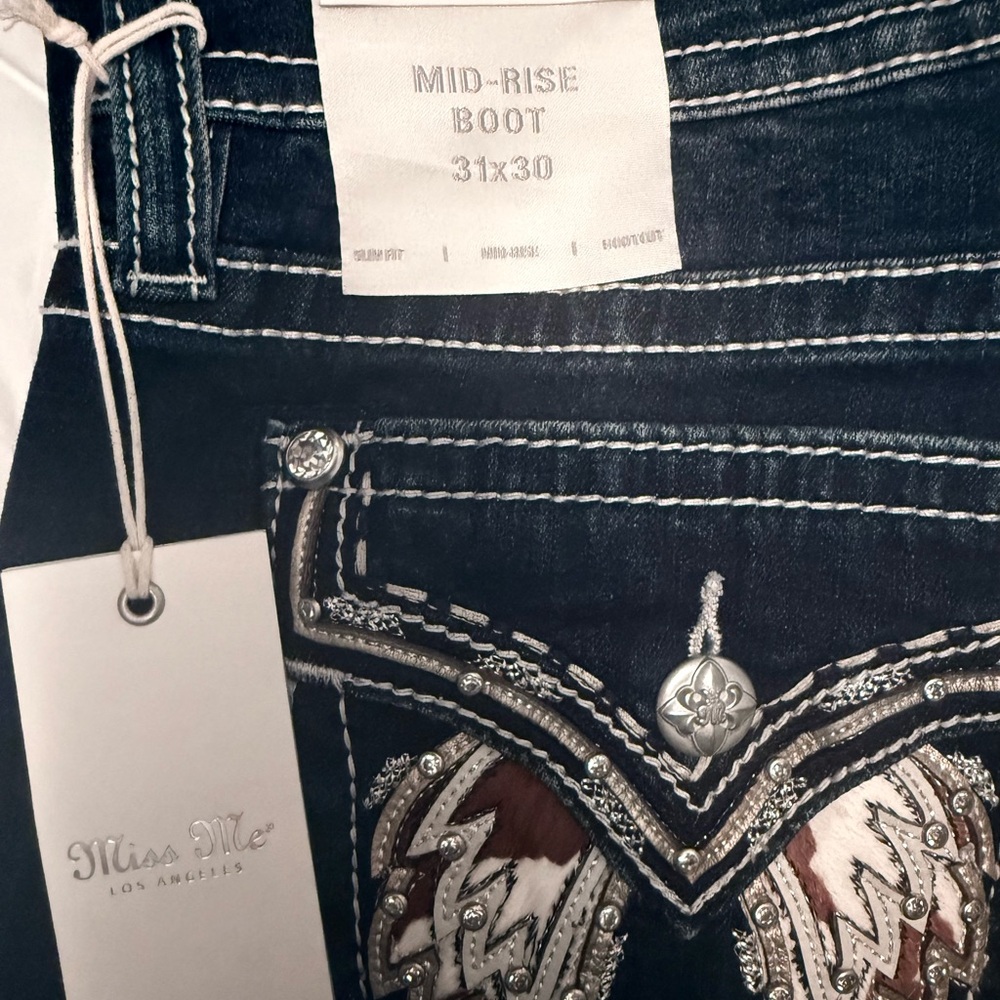 Miss Me Dark Blue Bootcut Jeans with Brown & Cream Embroidered Pockets - Picture 3 of 3